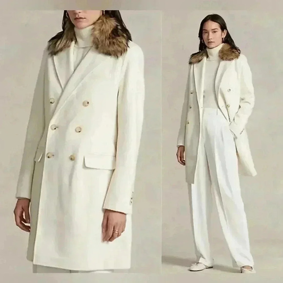 Polo Ralph Lauren Faux Fur Collar Double Breasted Parka Peacoat Long Overcoat 2 - Picture 2 of 9